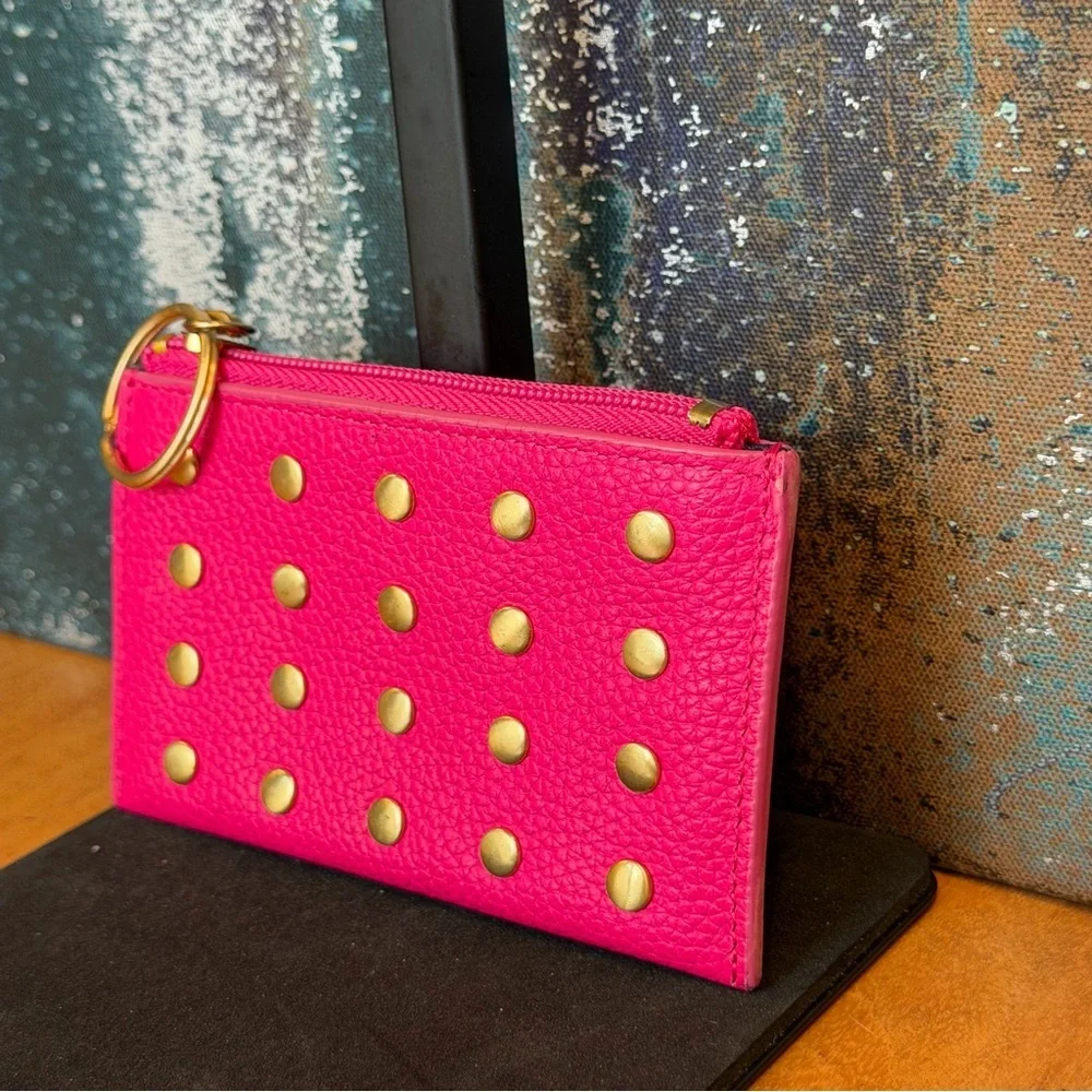 J.Crew Barbiecore Hot Pink Studded Leather Card Case & Key Ring (EUC)